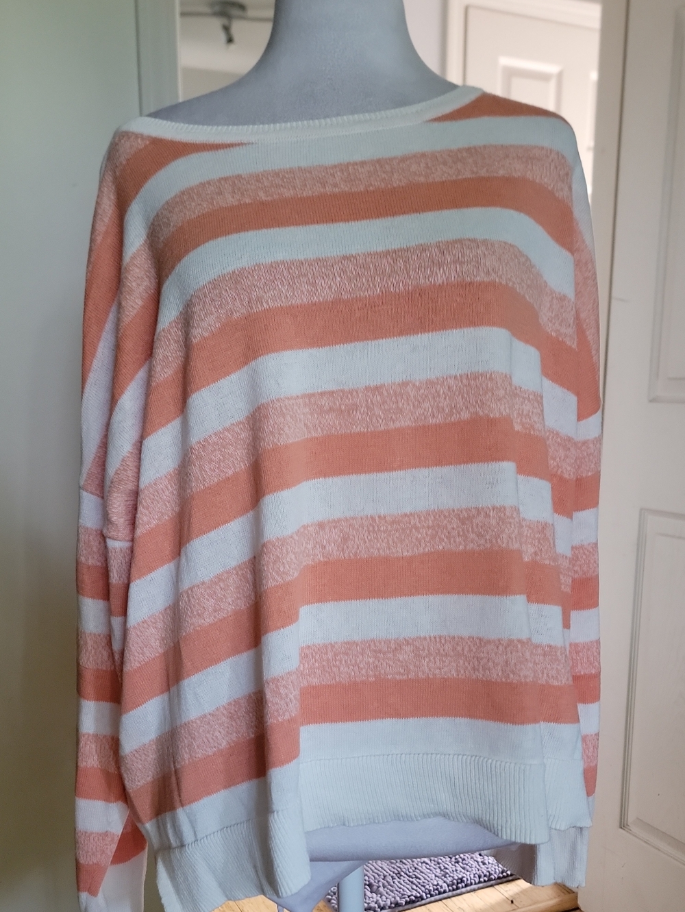 Cabi Striped Boatneck Lightweight Sweater - Peach & White